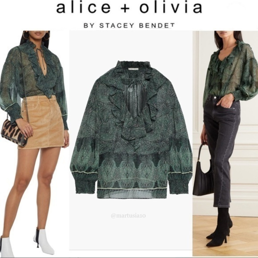 Alice Olivia - Julius Ruffled Paisley-print Chiffon Blouse - Green sz S NWT